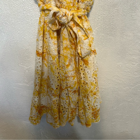 Express Printed Eyelet V Neck Tie Waist Tiered Trapeze Dress - Picture 9 of 10